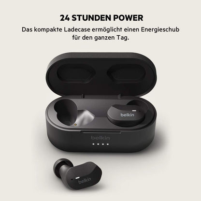 Belkin SoundForm True Wireless In-Ear Headphones (Bluetooth Earphones for iPhone, Samsung & Google devices, touch controls, charging case, 24 hrs playback time, noise isolation, sweatproof) - Black