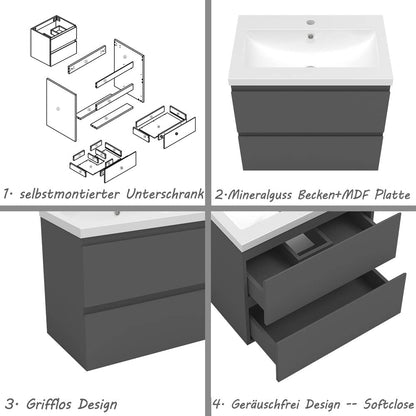 Vanity unit with cabinet 60 cm bathroom furniture set with washbasin mineral cast guest WC anthracite matt