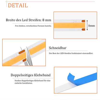 COB LED strip 10m warm white, 24V LED strip warm white COB LED tape self-adhesive, 3000K 320LEDs/M high brightness flexible, dimmable COB LED strip 10m LED tape for indoor home kitchen decoration.