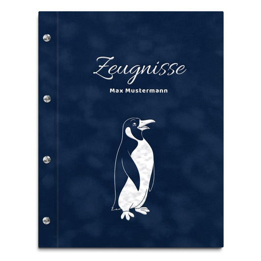 Customizable test report folder in blue velvet look with own name and design - incl. 12 document sleeves - Silver print with personalized design design.