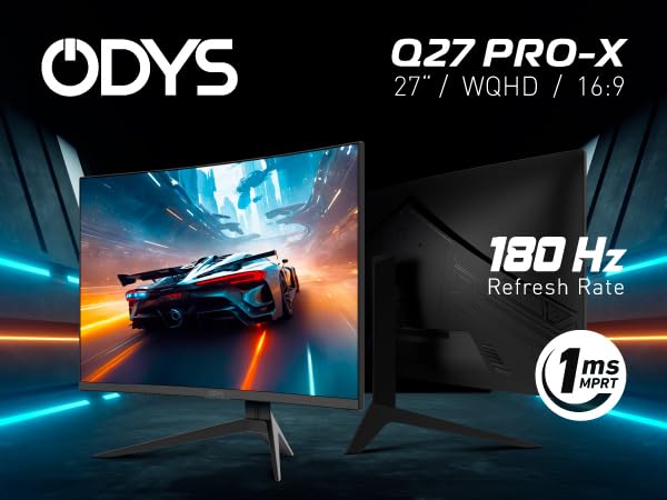 ODYS Q27 PRO-X - Curved Gaming Monitor 27 inch (69 cm), 180 Hz, WQHD (2,560x1,440 px), 1ms response time (MPRT), HDR, 1500R, FreeSync/G-Sync compatible, Eye Care, HDMI, Display Port, 3.5mm Audio