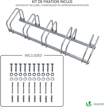 VOUNOT Bike Stand, for 5 bikes, floor and wall mount, multiple standing rack, Silver
