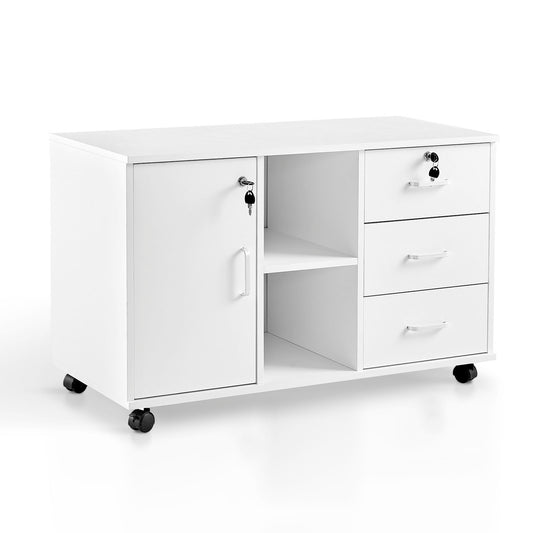 OFCASA Mobile File Cabinet with 3 drawers, lockable office rolling cabinet with wheels, 1 door, 2 shelves, 2 locks, white wood, storage cabinet for Home Office, 90 x 40 x 55 cm