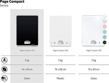 Soehnle Page Compact 100, digital kitchen scale, weight up to 5 kg (accurate to 1 g), household scale with convenient tare function, electronic scale including batteries, compact size, black.