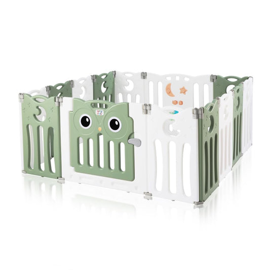 Baby Vivo Playpen Play Yard Foldable Baby Playpen Crawl Gate Safety Gate for Kids made of plastic with door and toys 14 elements in Green - Owl