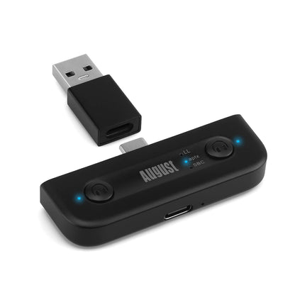 Dual Bluetooth Transmitter aptX LL - August MR410B - Type C adapter compatible with Switch, Android phones and tablets, MacBook, Surface - Includes pass-through and USB-C to USB adapter.