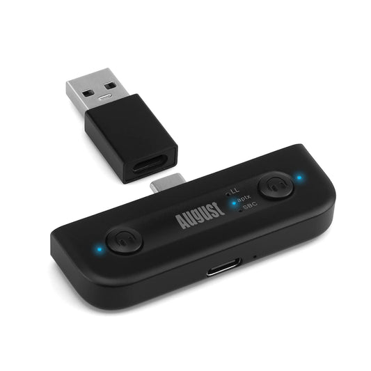 Dual Bluetooth Transmitter aptX LL - August MR410B - Type C adapter compatible with Switch, Android phones and tablets, MacBook, Surface - Includes pass-through and USB-C to USB adapter.
