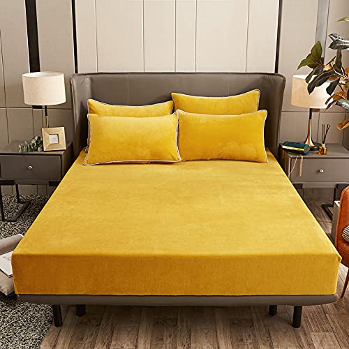 Damier Plush Fitted Sheet 200x200cm Gold Yellow Fluffy Bed Sheet Winter Warm Cashmere Touch Fitted Sheet Suitable for 30cm Mattress