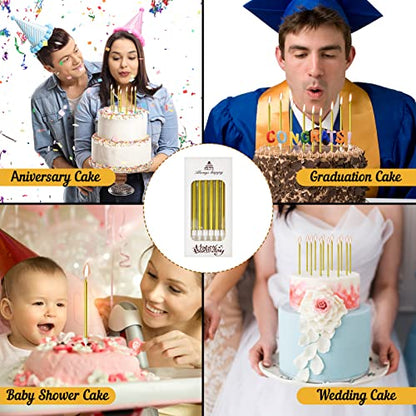 DONQL Birthday Candles, tall cake candles, long birthday candles, thin cupcake candles with holders for birthday cake, baby shower, cakes, wedding, party decoration (24 pieces, gold)