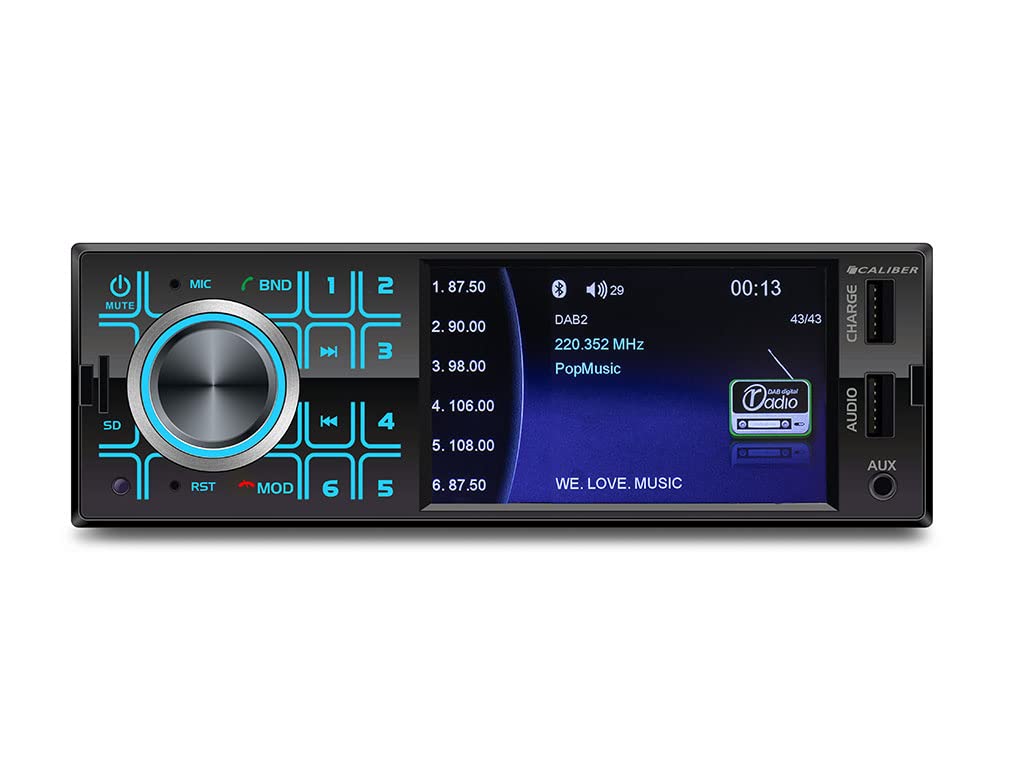Caliber car radio with Bluetooth, AUX in, DAB, DAB Plus, FM, SD, USB, 4 inch display, rear camera input, 4x 55 watts, black, 1 Din.