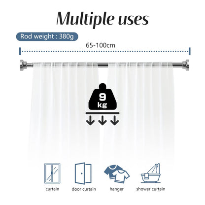 Telescopic stainless steel shower curtain rod 65-100cm, strong hold without drilling, silver clothes rod.