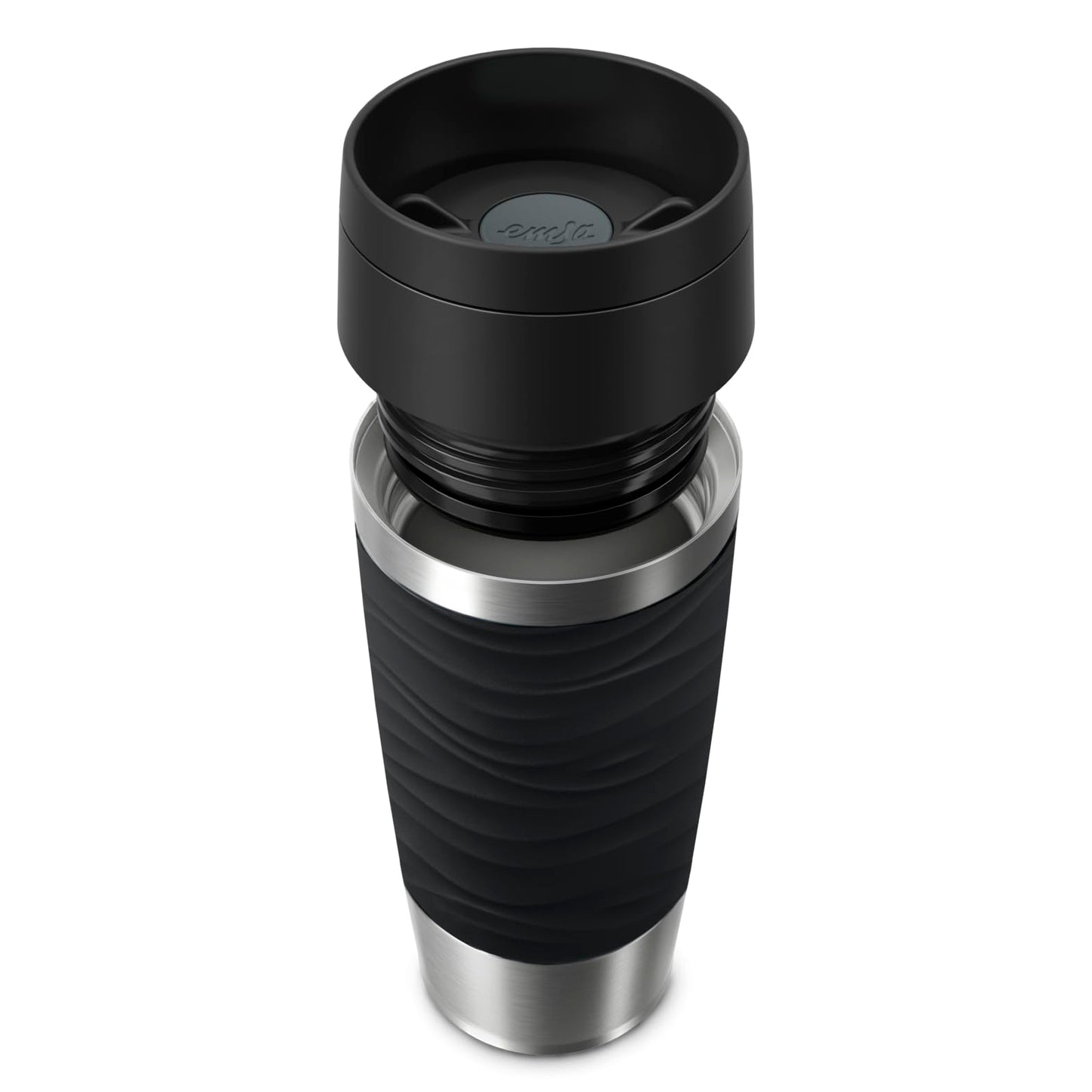 Emsa Travel Mug 360ml Wave Thermos Cup, new comfort screw cap, stainless steel insulated cup, keeps drinks hot for 4h and cold for 8h, 100% leak-proof, dishwasher safe, 360° drinking opening, black, N20212.