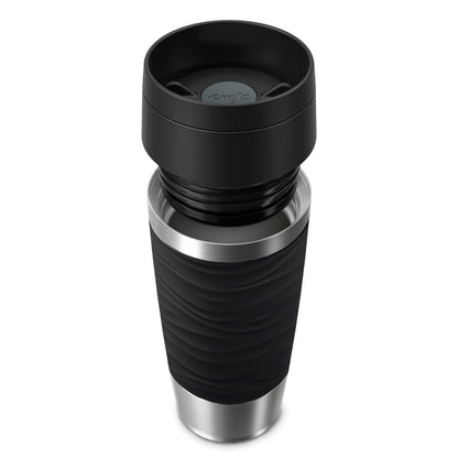 Emsa Travel Mug 360ml Wave Thermos Cup, new comfort screw cap, stainless steel insulated cup, keeps drinks hot for 4h and cold for 8h, 100% leak-proof, dishwasher safe, 360° drinking opening, black, N20212.
