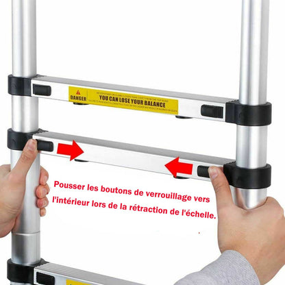 5m telescopic ladder, aluminum, 150kg capacity, EN131 certified. Folding attic ladder with non-slip rubber feet.