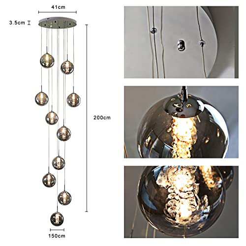 CBJKTX pendant light staircase pendant lamp height adjustable - modern dining table pendant light 10-flame hanging lamp smoke grey made of glass 200CM dining table lamp for living room dining room kitchen hallway staircase