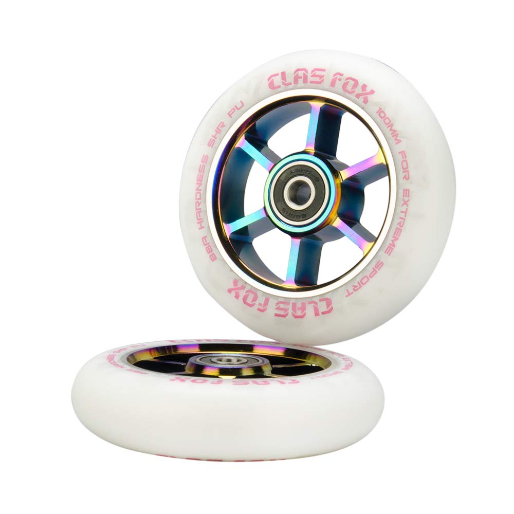 CLAS FOX Pro Stunt Scooter Wheels Roller Wheels 110mm A Pair with ABEC-9 Ball Bearings CNC Metal Core (2 pieces) (White-Rainbow)