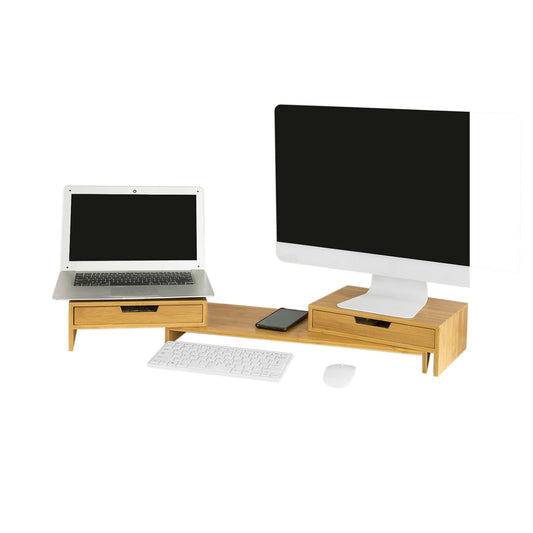 SoBuy BBF04-N Design Monitor Stand for 2 Monitors, Screen Stand Notebook Stand Desk Attachment with 2 Drawers, Width Adjustable Bamboo, Dimensions: 60-108x11x22cm