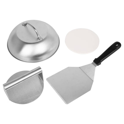 W&H's Stainless Steel Smash Burger Set includes a 4-piece set of burger smasher tools: burger press, grill spatula, burger dome, and 50 parchment papers. Ideal for making delicious homemade hamburgers both outdoor and indoor.