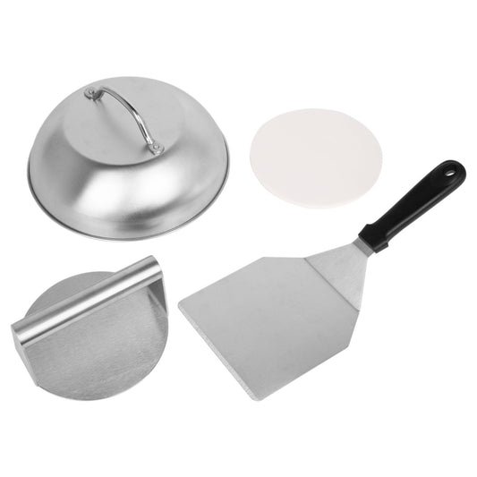 W&H's Stainless Steel Smash Burger Set includes a 4-piece set of burger smasher tools: burger press, grill spatula, burger dome, and 50 parchment papers. Ideal for making delicious homemade hamburgers both outdoor and indoor.