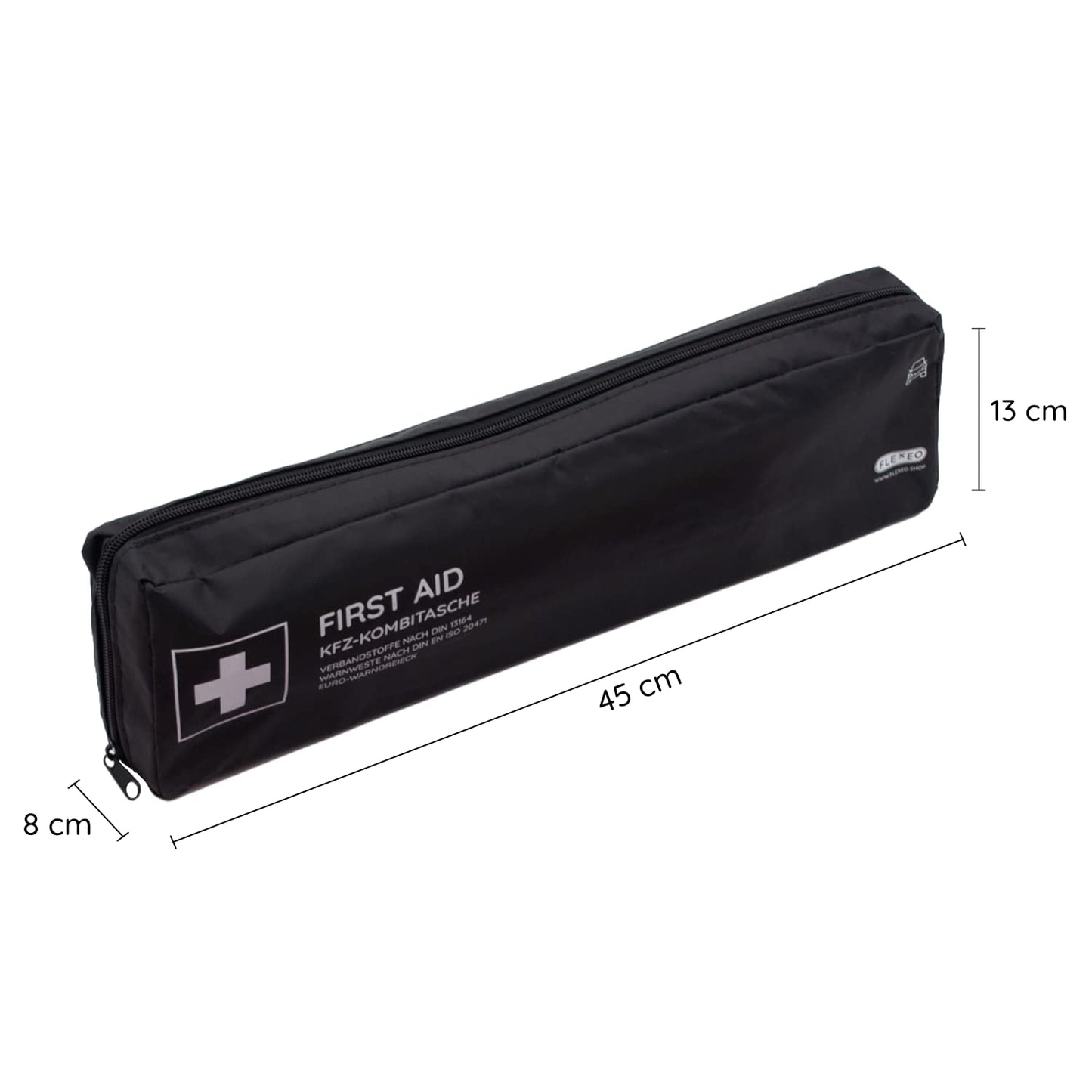 Vehicle first aid kit including warning triangle and high-visibility vest according to current DIN 13164:2022 | Valid for 2025 | First aid kit for car/motorcycle | black | long format