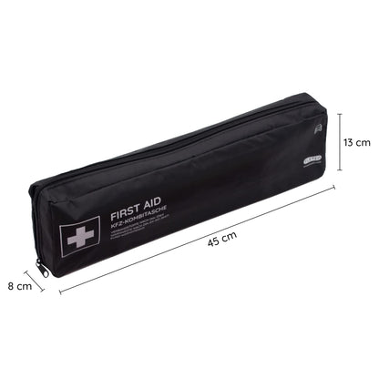 Vehicle first aid kit including warning triangle and high-visibility vest according to current DIN 13164:2022 | Valid for 2025 | First aid kit for car/motorcycle | black | long format