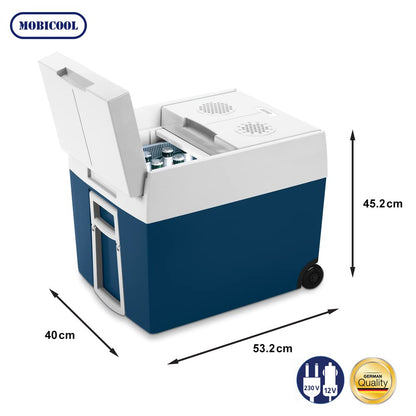 Mobicool MT48W AC/DC - electric cooler with wheels suitable for a complete crate of drinks/beer, 48 liters, 12V and 230V for car, truck, boat, camper, and socket.