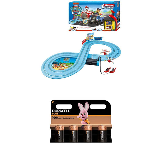 Carrera 369-3033 FIRST PAW PATROL On the Track 2.4m Racing Set | 2 remote-controlled vehicles featuring Chase and Marshall | includes hand controller + Duracell Plus C Alkaline Batteries, 4-pack