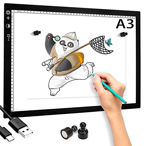 LED Light Pad A3, ultra-thin light pad with Type-C interface, featuring timing function, adjustable brightness and color temperature. Comes with USB cable, ideal for diamond painting, drawing, sketching.