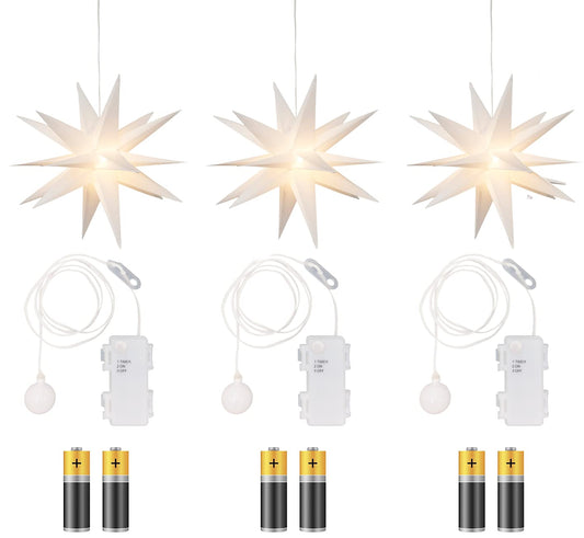 3-pack 3D LED star - Christmas star with warm white lighting, suitable for indoor and outdoor use, hanging, 100 cm cable, approx. Ø 25 cm, battery-operated (white)