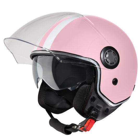 VINZ Parchi Jet Helmet with Double Visor | Scooter Helmet Fashion Helmet with Stripes | Available in sizes XS-XXL | Jet Helmet with Sun Visor | ECE 22.06 Certified | Motorcycle Helmet with Visor - Pink