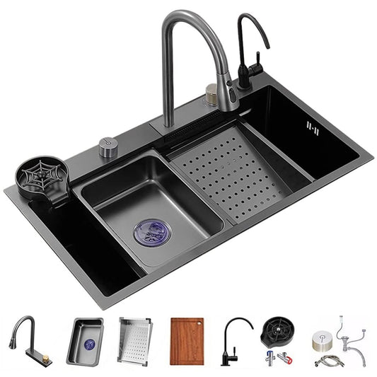 Waterfall kitchen sink. Versatile stainless steel single-bowl kitchen workstation sink. Waterfall pull-down faucet and complete accessory set. (Color: Black, Size: 68x45x22cm)