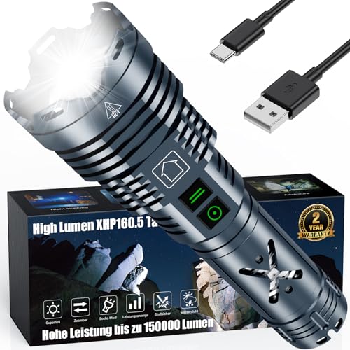 Amzyigou LED torches with 150000 lumens, Xhp160.5 rechargeable, powerful tactical torches with zoom, waterproof, torch gadgets for men, 6 modes for camping and emergencies.