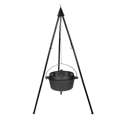 TP Premium BBQ Dutch Oven Tripod Set, 7-piece with fire pot, tripod, cast iron pan, grill grate including grill accessories and wooden box, ideal as a gift set.
