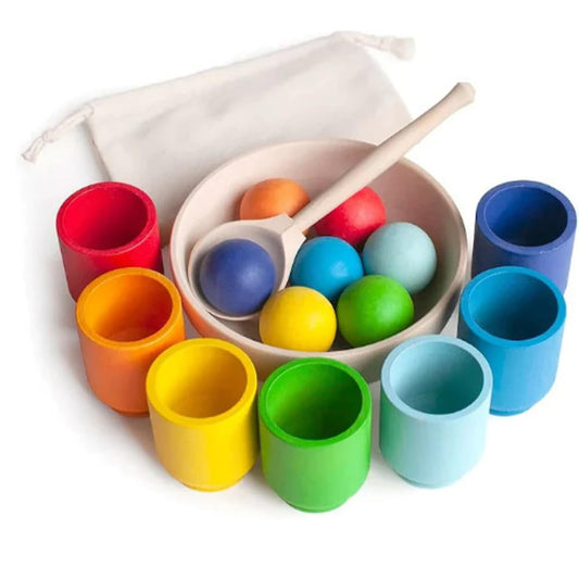 PKKP Montessori toy for 1 year old, wooden sorting stacking toy with 7 30mm rainbow wooden balls in cups, baby toy for preschool color sorting and counting, gift for 2 3 4 5 year olds
