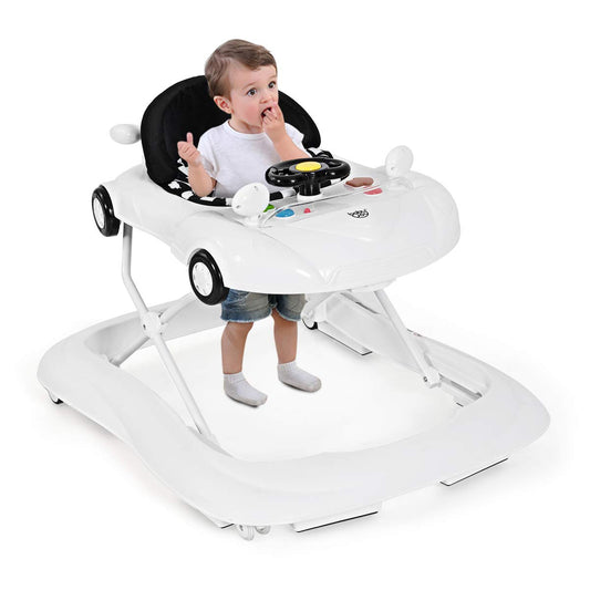RELAX4LIFE Adjustable Height Baby Walker, Walker with 4 Wheels & Removable Tabletop, Foldable Walking Assistant, Car-shaped Walker with Music & Lights, for Babies aged 6-18 Months (White)