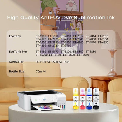 Sublimation ink for Epson Ecotank ET-2810 ET-1810 ET-2830 ET-2815 ET-4810 ET-2820 ET-2810 ET-2850 ET-2840 Sublimation printers EcoTank printers Auto-fill