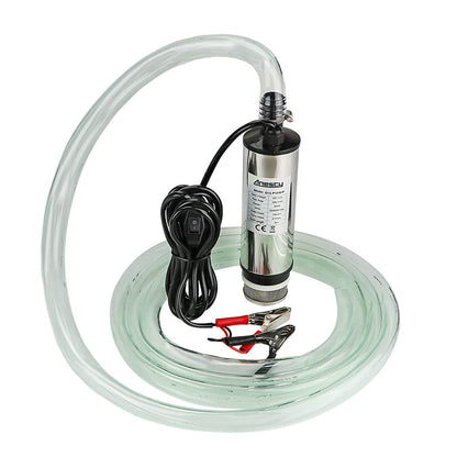 Stainless Steel Transfer Pump 12V Φ51mm Water Pump Submersible Pump for Car Diesel Oil Heating Oil Water Fuel Transfer Pump with Removable Filter, 3m PVC Transparent Hose, Hose Clamps