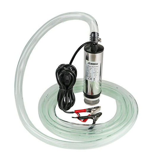 Stainless Steel Transfer Pump 12V Φ51mm Water Pump Submersible Pump for Car Diesel Oil Heating Oil Water Fuel Transfer Pump with Removable Filter, 3m PVC Transparent Hose, Hose Clamps