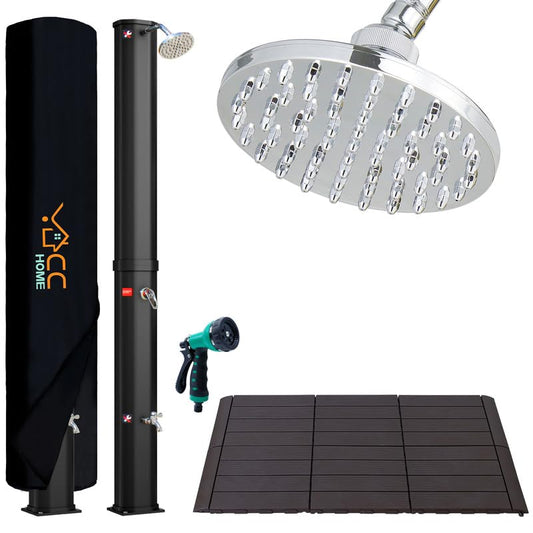 CCLIFE 40L solar shower with plastic base and handheld shower head. Solar garden shower for pool, rain shower, outdoor shower, garden sprayer for warm water.
