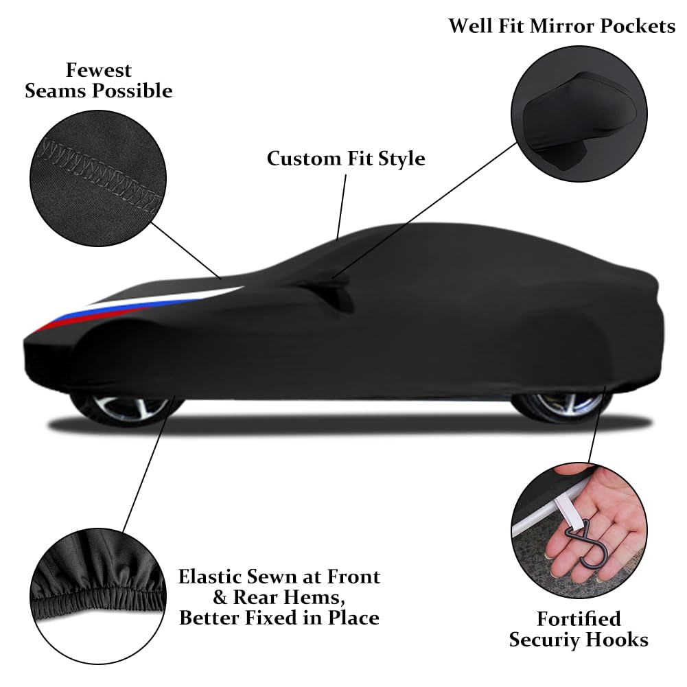 Asasytal indoor car cover, full protection for sports cars, elastic fabric, dustproof and breathable for underground garage, car exhibition/show, 4.5~4.85 meters, black with pattern.