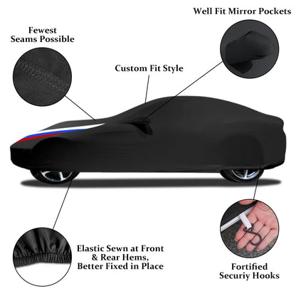 Asasytal indoor car cover, full protection for sports cars, elastic fabric, dustproof and breathable for underground garage, car exhibition/show, 4.5~4.85 meters, black with pattern.