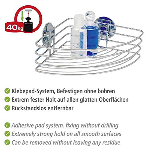 WENKO Turbo-Loc corner shelf, bathroom shelf, Holds up to 40 kg, chrome-plated steel, 26.5 x 10.5 x 20 cm, Chrome