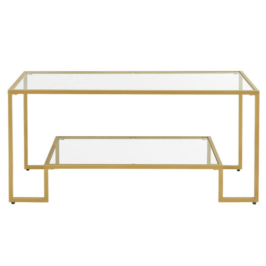 VASAGLE coffee table, glass table, living room table, 2 shelves made of tempered glass, steel frame, 55 x 100 x 45 cm, decoration, for living room, gold-colored LGT033A01