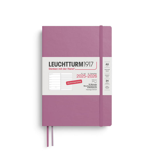 Lighthouse1917 372622 Weekly Planner & Notebook Medium (A5) 2026, 18 months 07.2025-12.2026, Softcover, Dusty Rose, German