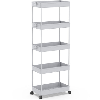 SPACEKEEPER 5-Tier Kitchen Cart, Rolling Storage Cart Shelving Unit on Wheels, Space-Saving Bathroom and Kitchen Shelf for Kitchen Office Bathroom, 113 x 40 x 22cm, Gray.