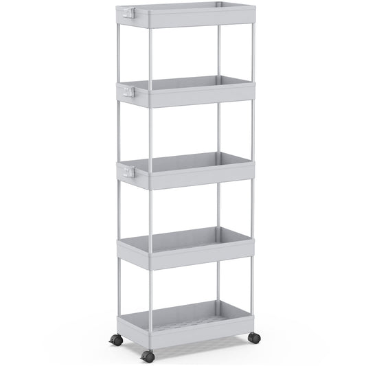 SPACEKEEPER 5-Tier Kitchen Cart, Rolling Storage Cart Shelving Unit on Wheels, Space-Saving Bathroom and Kitchen Shelf for Kitchen Office Bathroom, 113 x 40 x 22cm, Gray.