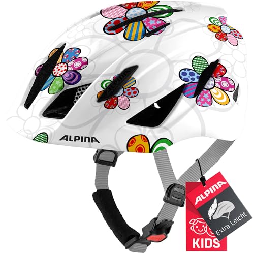 Alpina PICO - Lightweight, optimally ventilated & impact resistant bike helmet with insect net for children, optional with light, pearl white-flower gloss, 50-55 cm.