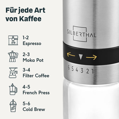 SILBERTHAL Manual Coffee Grinder with Stainless Steel Conical Burr - Stepless precise grind settings - Stainless steel and glass hand mill - Ideal for on the go, camping, vacation.