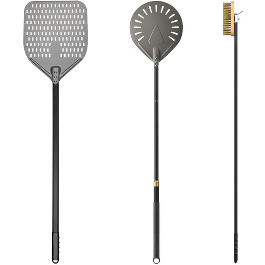 G.a HOMEFAVOR 12 inch Perforated Pizza Peel 9 inch Pizza Shovel made of Hard Anodized Aluminum, Pizza Oven Brush with removable long handle for Oven BBQ Grill, total length 120 cm