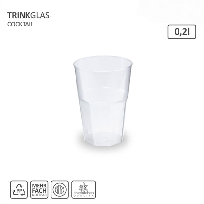 Silverkitchen 50x cocktail cups 0.2l reusable - stackable, dishwasher-safe plastic cups for cocktails & aperitifs, BPA-free with measuring line - Made in Germany.